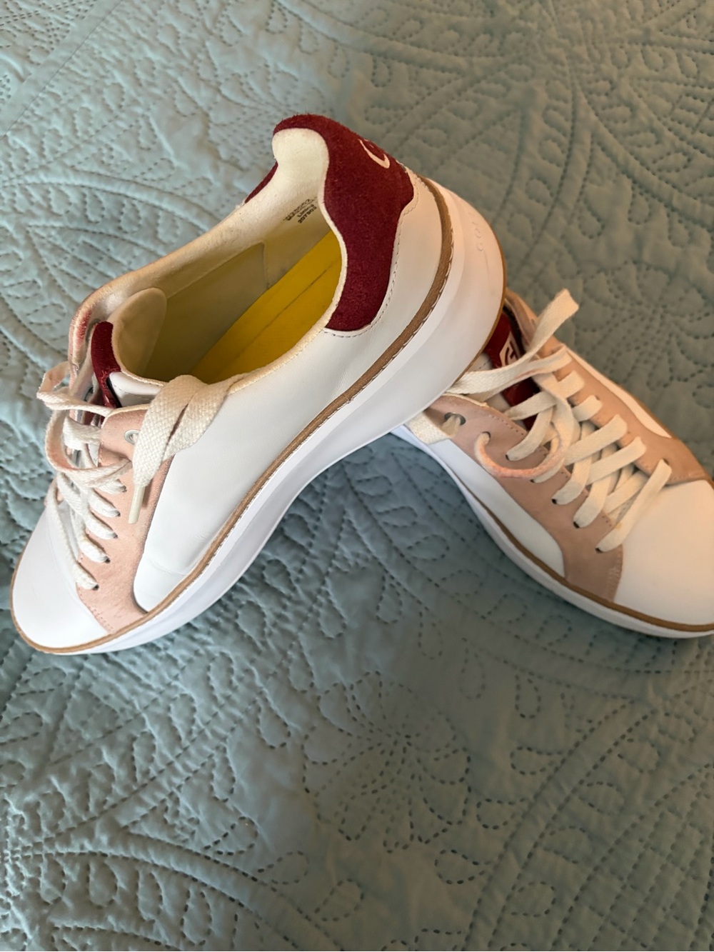 Cole Haan White Sneakers with Pink Suede Panels and Burgundy Heel